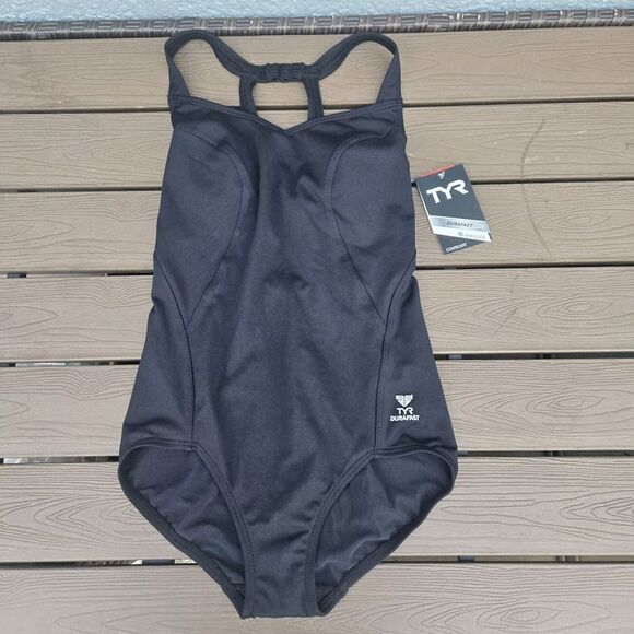 TYR Durafast Elite Solid Black Halter Control Fit One Piece Swimsuit  SIZE 6 New - Picture 1 of 3